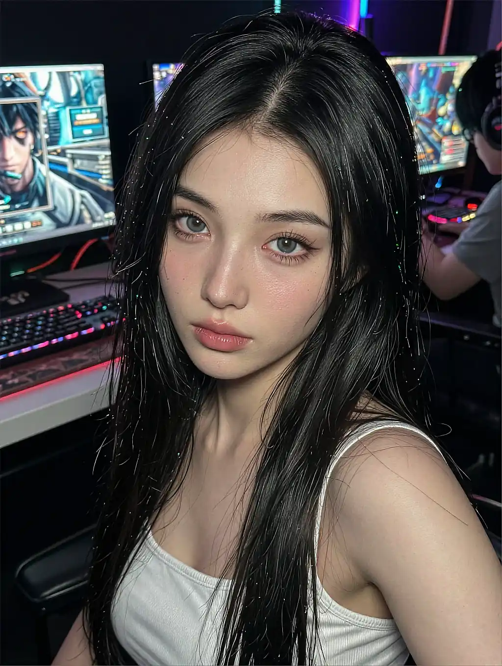 AI girlfriend at a neon-lit desk setup, looking up from her screens mid-conversation